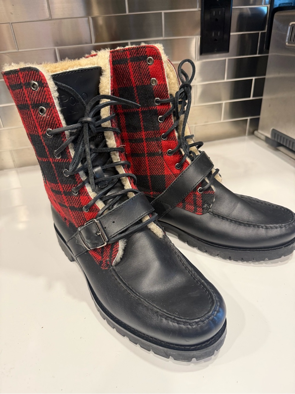 Vintage Polo Ralph Lauren Black & Red Plaid Sherpa-Lined Lace-Up Boot
